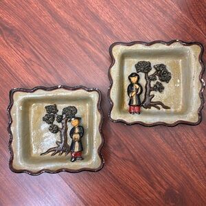 Vintage mid century chalkware oriental man & woman wall art